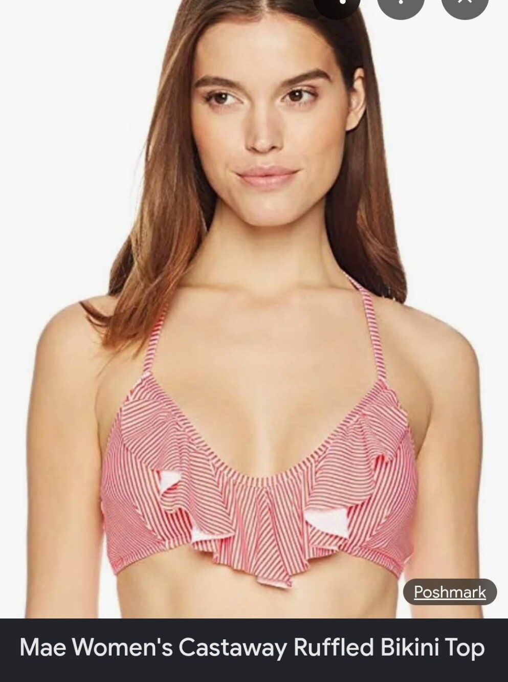 Mae Women's Castaway Ruffled Bikini Top - Red & White Striped T-back Size Large